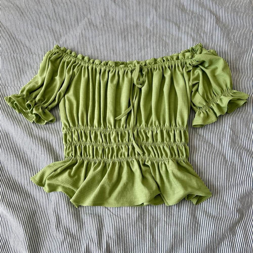 Green Off-Shoulder Smocked Top